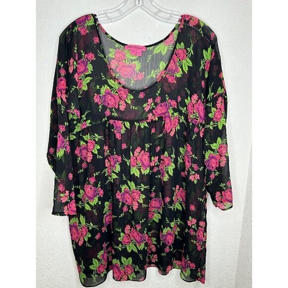 Betsey Johnson Top Sheer Black Floral Roses Babydoll One Size Colorful Coverup * - Picture 1 of 10